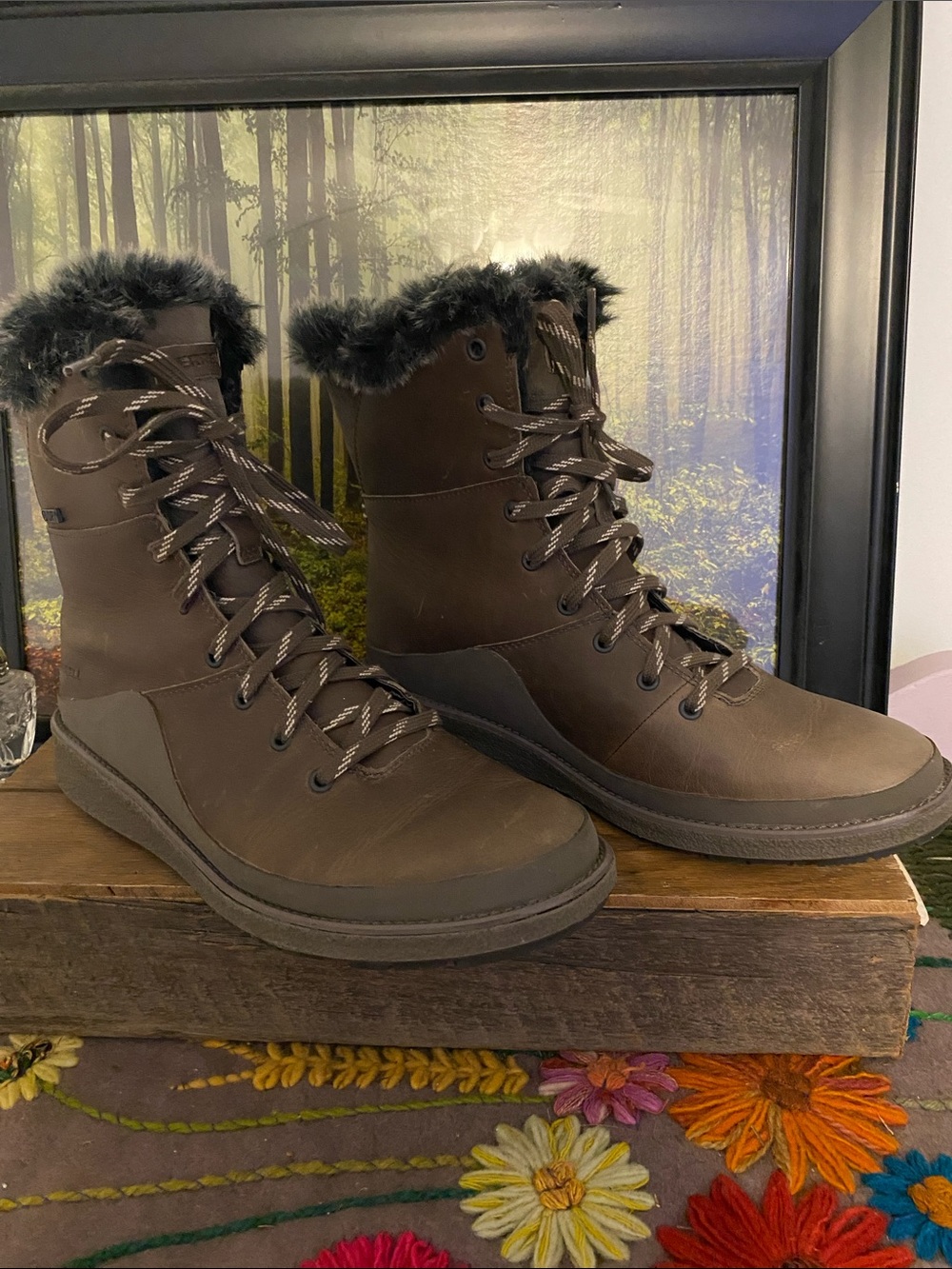 Merrell Brown Lace-Up Faux Fur Trim Winter Boots, worn once. Closet scratches